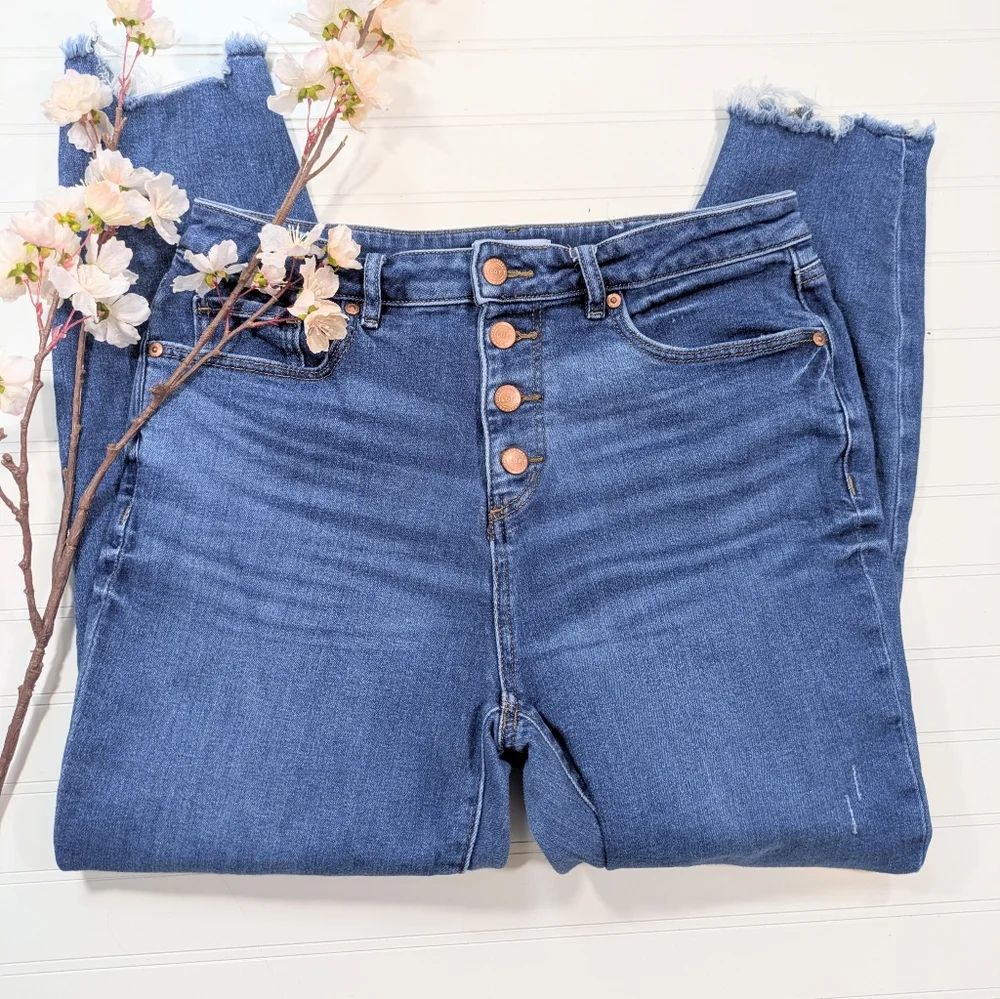 Loft Medium Wash Raw Hem Button Fly Curvy High Waist Skinny Jeans - Picture 2 of 5